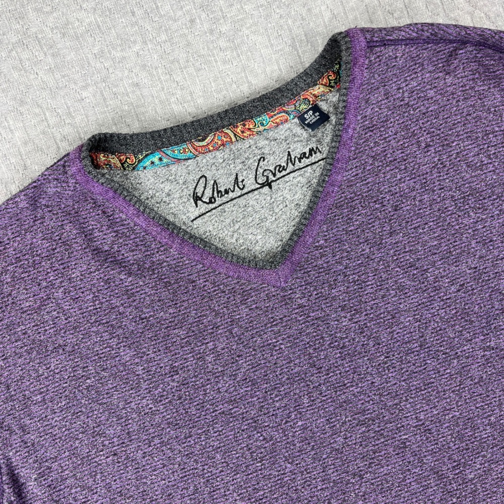 Robert Graham Pullover Sweater Mens Small Purple Heathered V-Neck Paisley Trim